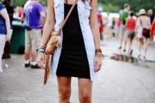 02 a black mini dress, a long denim vest and black rainboots are all that you need