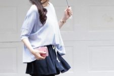 03 a black mini and an oversized striped t-shirt, a pink clutch