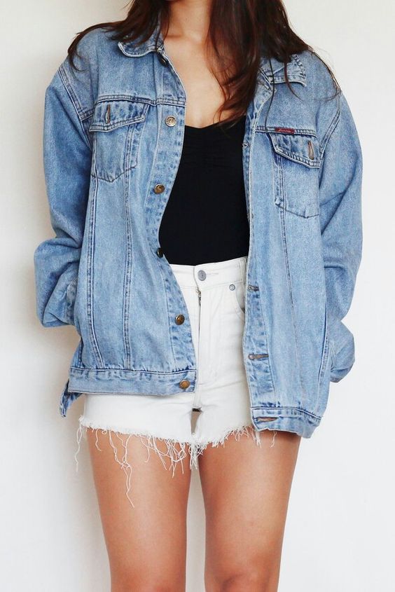 high waist white denim shorts, a black top and a blue denim jacket to feel comfy and cozy
