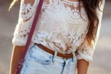 04 distressed light blue denim shorts and a lace half sleeve blouse
