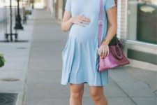 06 a pastel blue dress with short sleeves, ankle strap sandals and a pink bag