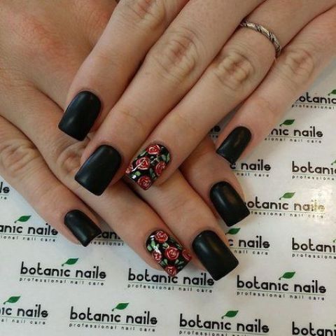 matte black nails and accent rose ones for a moody look