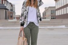 08 khaki pants, a white tee, a green floral print bomber jacket and white shoes