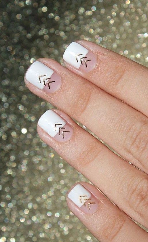white and gold chevron nails are a chic and modern idea suitable for offices
