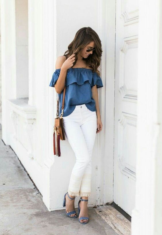 white fringe jeans, an off the shoulder chambray top and suede heeled sandals