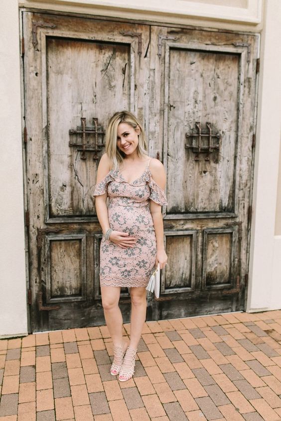 pink printed cold shoulder mini dress, strappy shoes and a white clutch for a date