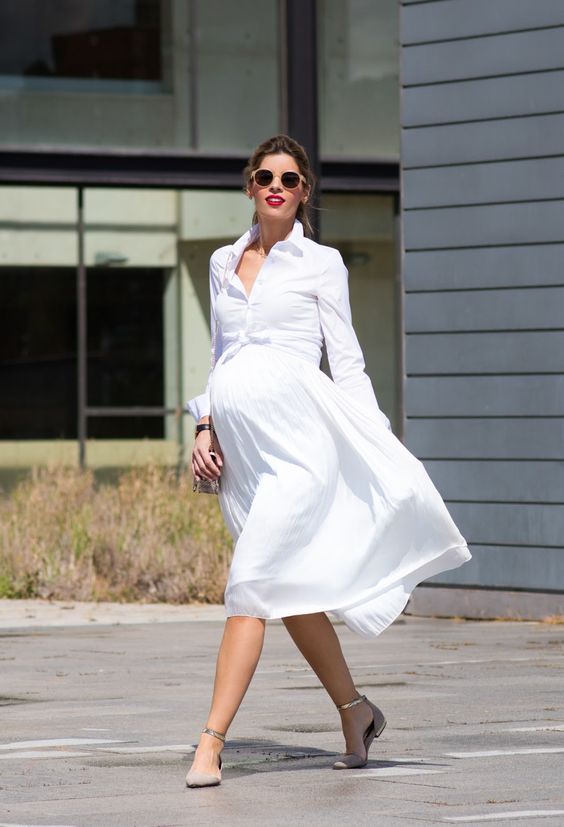 a white shirt knee dress with nude ankle strap flats for comfort