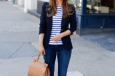 10 blue jeans, a navy blazer, a striped top and taupe suede shoes