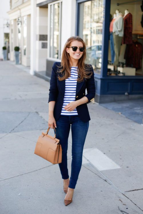 blue jeans, a navy blazer, a striped top and taupe suede shoes