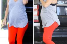 10 orange cropped leggings, an oversized tee, grey chucks by Kourtney Kardashian