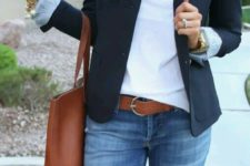 11 blue jeans, a white top, a black blazer and a statement necklace to work