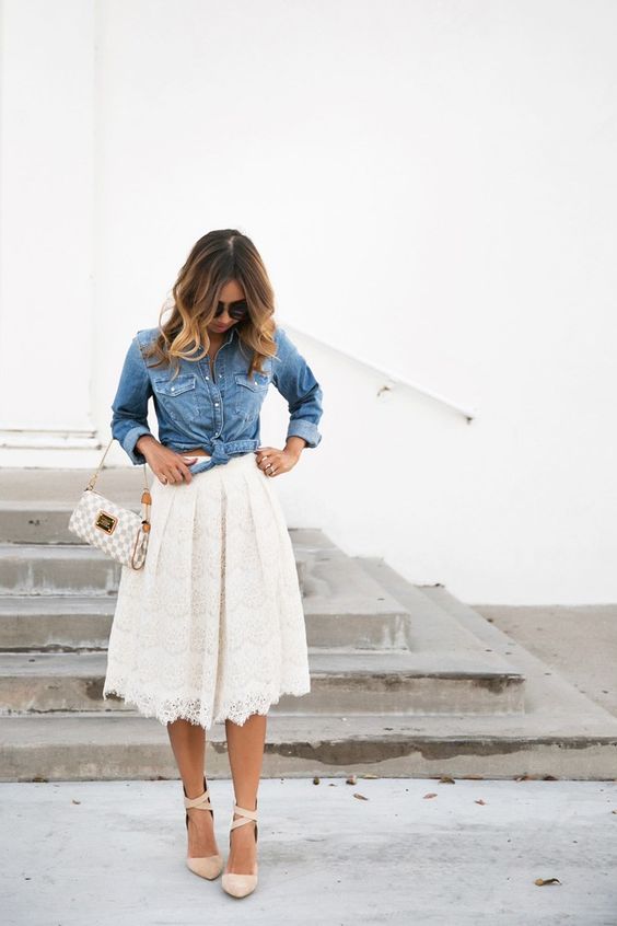 a midi ivory lace skirt, a tie chambray shirt and criss cross ankle suede shoes