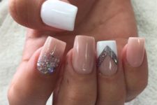13 dusty pink manicure with white, glitter and rhinestone accents