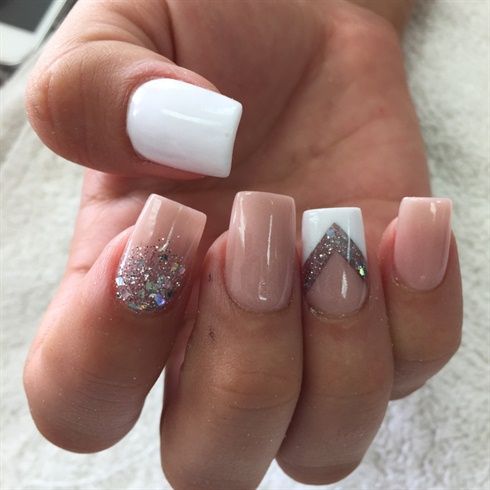 dusty pink manicure with white, glitter and rhinestone accents