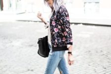 14 ripped cropped jeans, brown lac eup heels and a black floral print bomber