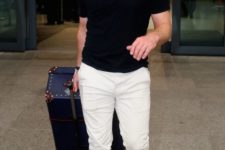 14 white jeans, a black t-shirt and brown suede shoes