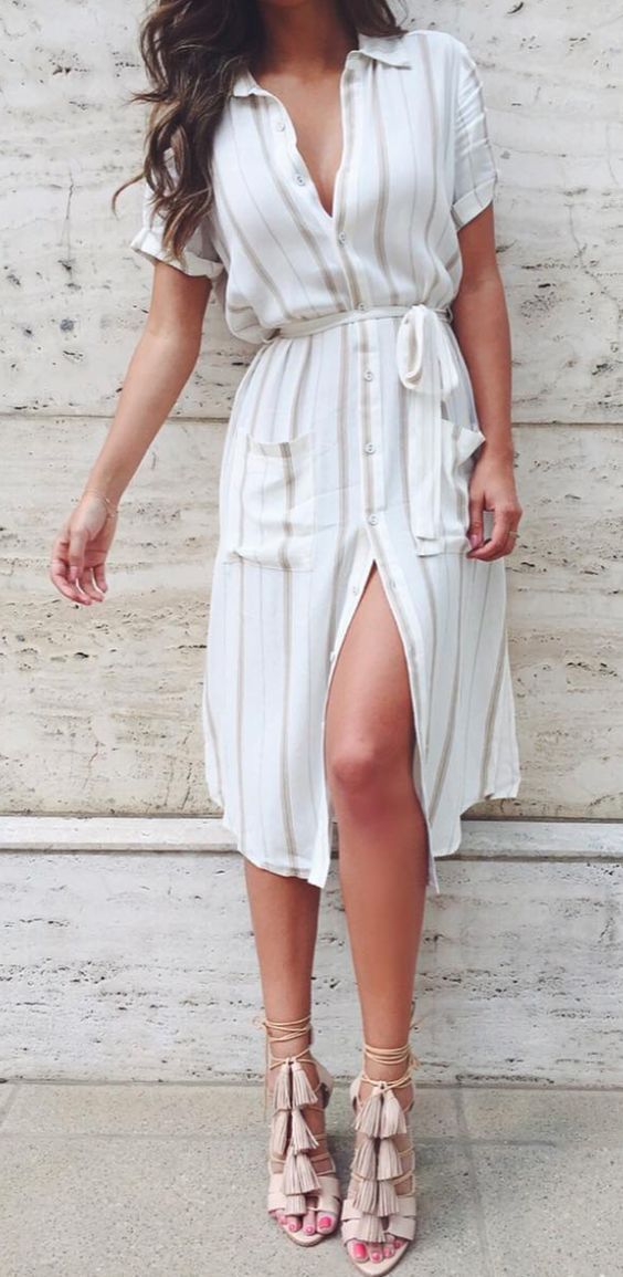 a striped shirt dress and blush tassel heels