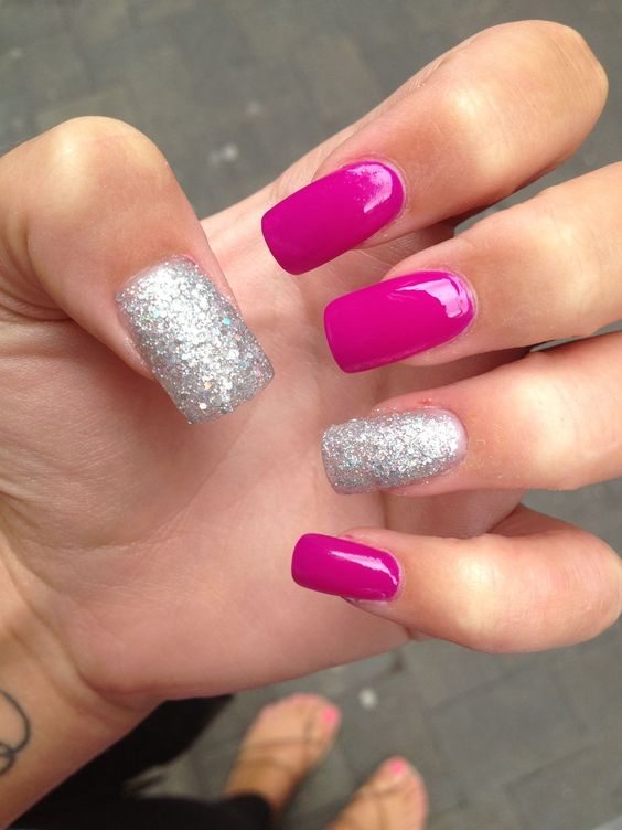 hot pink nails and silver glitter ones for a glam feel