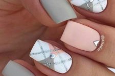 18 matte pink, grey and white nails with beading for a romantic and elegant look