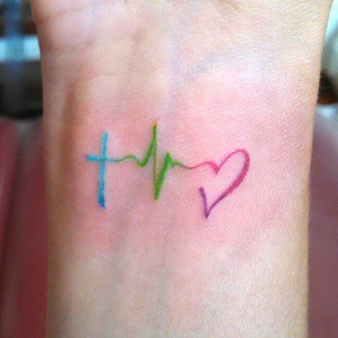 Blue, green and red heartbeat tattoo idea