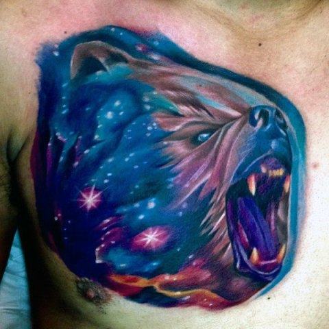Blue, purple and pink bear tattoo
