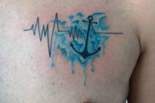 Blue tattoo with anchor and heartbeat