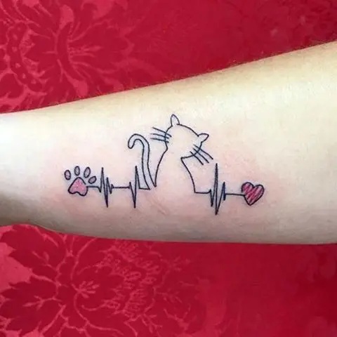 Cat and heartbeat tattoo on the arm