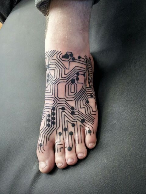 Circuit board tattoo on the foot