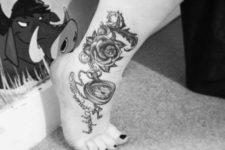 Clock and rose tattoo on the ankle