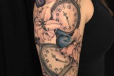 Clock tattoo with pink flowers and blue butterflies