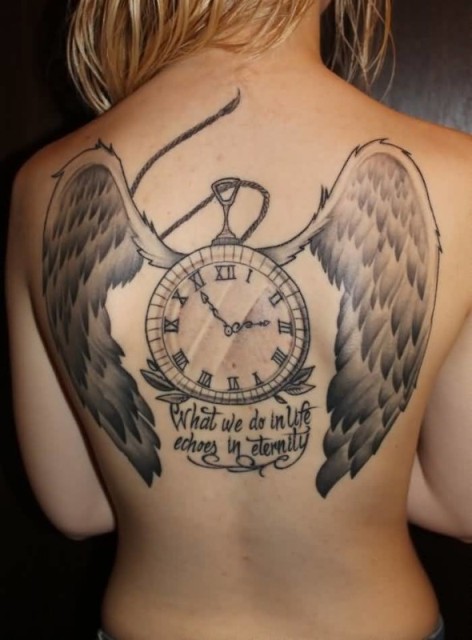 Clock with big wings tattoo on the back