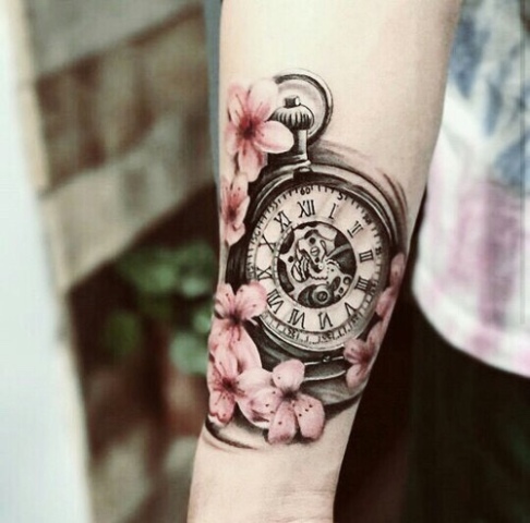 Clock with cherry blossoms tattoo