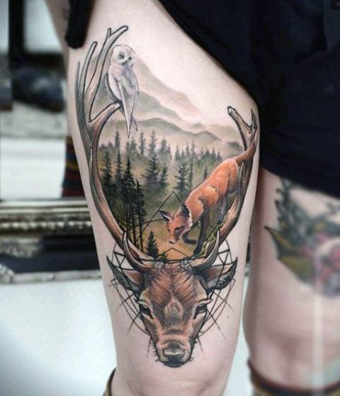 Deer, owl and fox tattoo