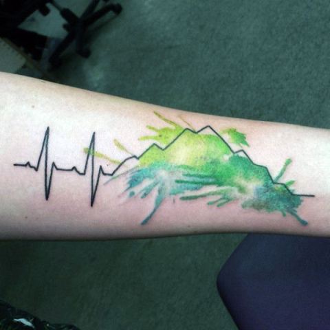 Green watercolor tattoo on the arm