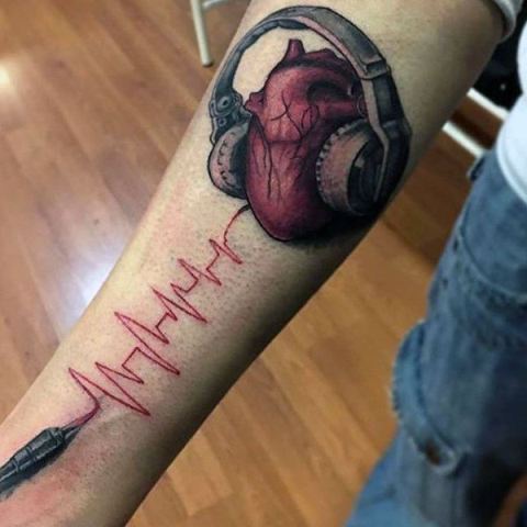 Heartbeat and heart with headphones tattoo