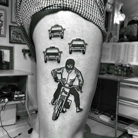 Motorcycle rider and cop cars tattoos on the leg