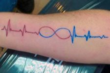 Red and blue heartbeat and infinity sign tattoo