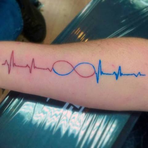 Red and blue heartbeat and infinity sign tattoo