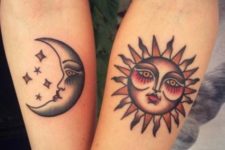 Sun and moon tattoos on the both hands