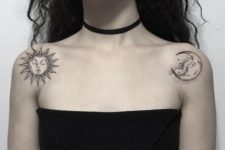 Sun and moon tattoos on the both shoulders