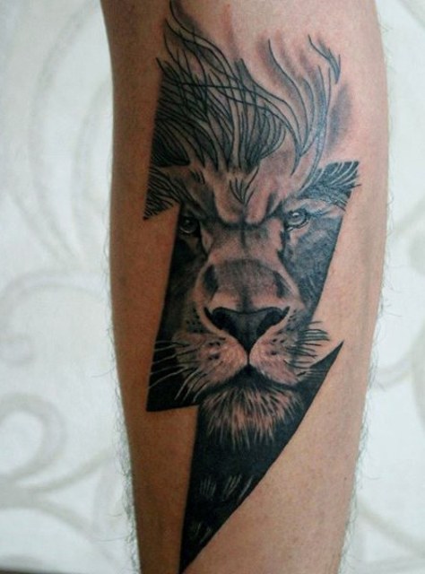 Thunderbolt with lion face tattoo