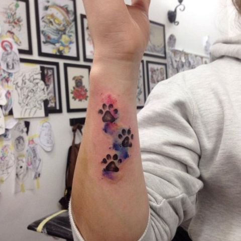 Watercolor paw tattoos on the arm