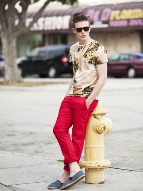With printed t-shirt and red pants