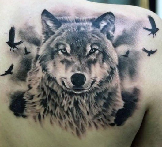 Wolf and birds tattoo
