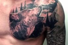 Wolf and moon tattoo on the chest and shoulder