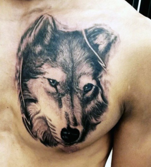 Wolf head tattoo on the chest