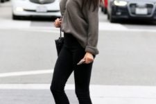 02 black skinnies, a grey off the shoulder sweater, comfy black heels for a casual look