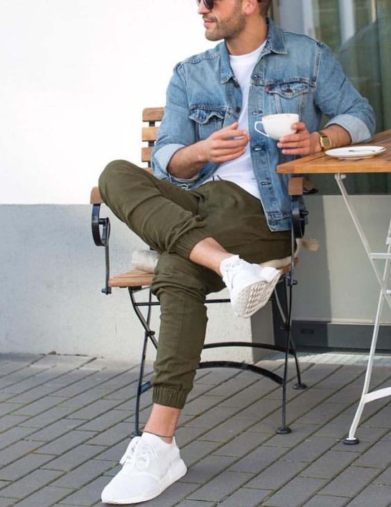 olive green pants, a white tee, a denim jacket, white chucks for a weekend look