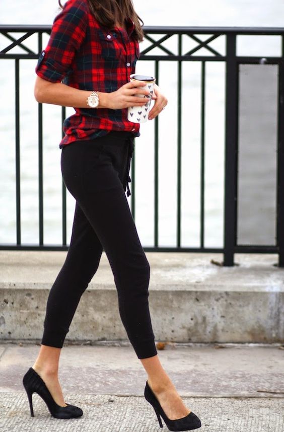 a plaid shirt, black cropped pants and black heels for a comfy look