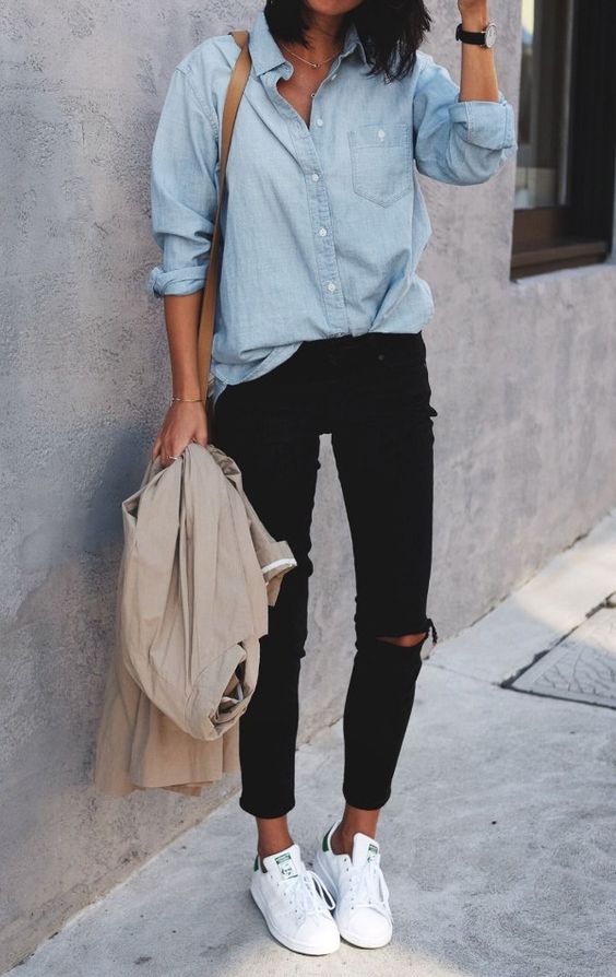 black ripped cropped jeans, a chambray shirt, white chucks and a neutral blazer if needed